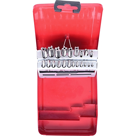 Ein roter Werkzeugkasten mit Torx-Bits, in einem Gestell fixiert. Der Kasten ist geöffnet, oben ein Tragegriff.